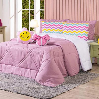 Kit Edredom Casal Padrão Menina Teen Rosa Com Almofadas Estampadas 07 Peças - Dupla Face Percal 300 Fios Cor Laço