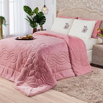 Kit Coberdrom Cobertor Queen Floral Hibisco Rosê Dupla Face Com Fronhas 03 Peças - Manta Microfibra Quente