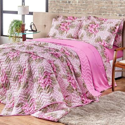 Kit Cobre Leito Colcha Queen Estampado Munique Floral Púrpura Dupla Face Com Fronhas 03 Peças - Percal Algodão 120 Fios