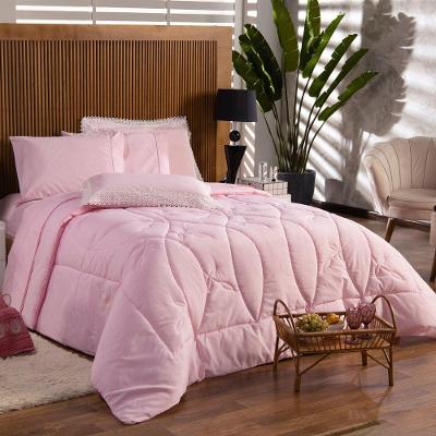 Kit Edredom Liso Queen Florença Guipir Dupla Face Com Fronhas 03 Peças - Percal Algodão 200 Fios Cor Rosa