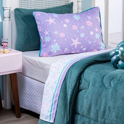 Jogo De Cama Lençol Solteiro Sereia Branco/lilás Com Fronha E Virol Estampados 03 Peças - Percal 200 Fios