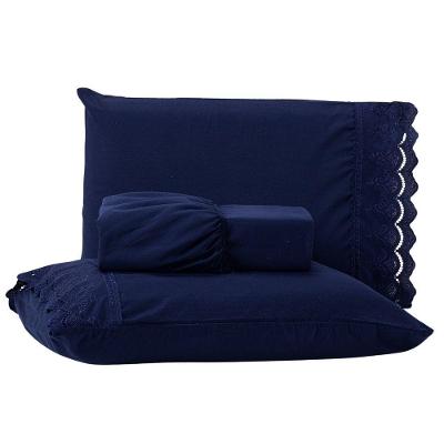 Jogo De Cama Lençol Queen 03 Peças Sublime Bordado Inglês Percal 300 Fios Com Fronhas - Toque Acetinado Cor Azul Marinho