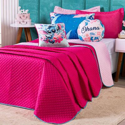 Kit Cobre Leito Stich Pink/rosa Dupla Face Com Almofadas Casal Padrão 07 Peças - Decoração Infantil Juvenil Personagem