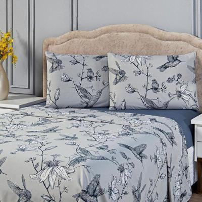 Jogo De Cama Lençol Queen Estampado Beija-flor Azul/cinza Com Fronhas 04 Peças - Percal Soft 300 Fios Acetinado
