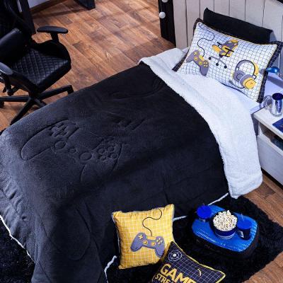 Kit Coberdrom Cobertor Solteiro Game Streamer Preto Dupla Face Com Fronha 02 Peças - Tecido Mantinha E Sherpa