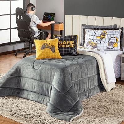 Kit Coberdrom Game Streamer Cinza C/ Almofadas Solteiro 04 Peças - Dupla Face Sherpa E Mantinha