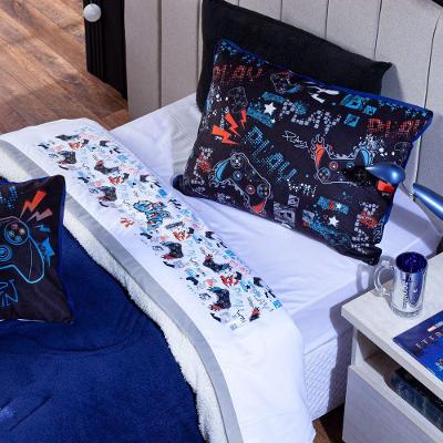 Jogo De Cama Lençol Casal Padrão Game Win Branco/azul Marinho Com Fronhas E Virol Estampados 04 Peças - Percal 200 Fios
