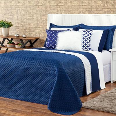 Kit Cobre Leito Colcha Casal Padrão Miami Azul Marinho/branco Dupla Face Com Almofadas Estampadas 06 Peças