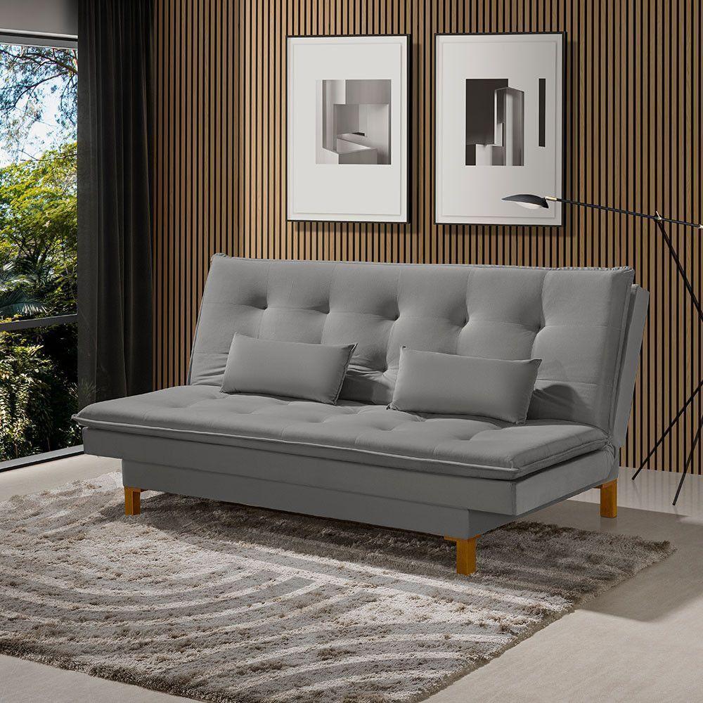 Sofá Cama Barcelona Tecido Veludo Com Pés De Madeira Cinza - 1