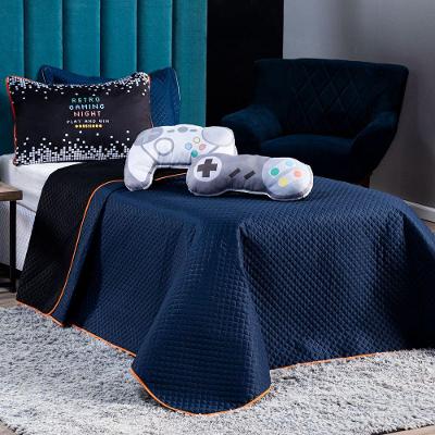 Kit Cobre Leito Colcha Casal Padrão Retro Game Controle Azul Marinho/preto Dupla Face Com Almofadas Estampadas 07 Peças