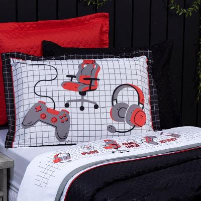 Jogo De Cama Lençol Casal Padrão Game Streamer Branco/vermelho Com Fronhas E Virol Estampados 04 Peças - Percal 200 Fios