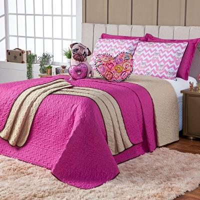 Kit Cobre Leito Colcha Queen Donuts Dog Pink/caqui Dupla Face Com Almofadas Estampadas 07 Peças