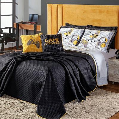 Kit Cobre Leito Colcha Casal Padrão Game Streamer Amarelo Dupla Face Com Almofadas Estampadas 07 Peças