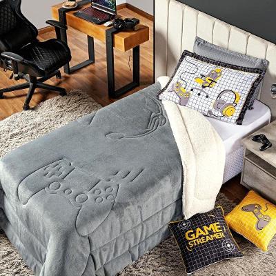 Kit Coberdrom Cobertor Queen Game Streamer Cinza Dupla Face Com Fronhas 03 Peças - Tecido Mantinha E Sherpa