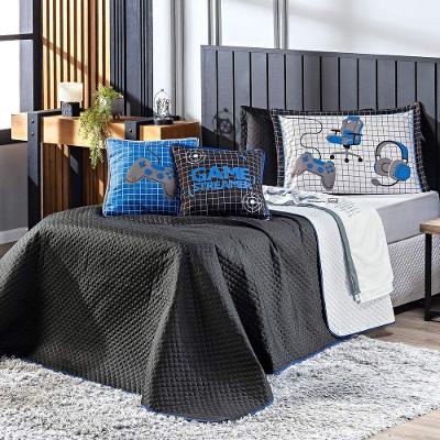 Kit Cobre Leito Colcha Queen Game Streamer Azul Dupla Face Com Almofadas Estampadas 07 Peças