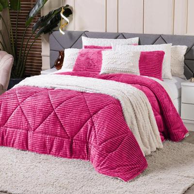 Kit Coberdrom Cobertor Queen Canelado Denver Dupla Face Com Fronhas 03 Peças - Manta Microfibra Canelada Cor Pink