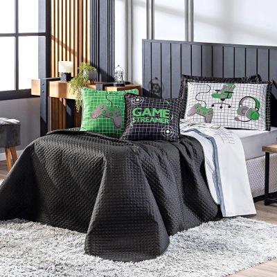 Kit Cobre Leito Colcha Solteiro Game Streamer Dupla Face Com Almofadas Estampadas 05 Peças Cor Verde