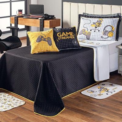 Kit Cobre Leito Colcha Solteiro Game Streamer Dupla Face Com Almofadas Estampadas 05 Peças Cor Amarelo