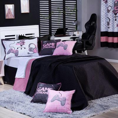Kit Cobre Leito Colcha Solteiro Game Streamer Dupla Face Com Almofadas Estampadas 05 Peças Cor Rosê
