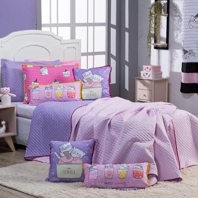 Kit Cobre Leito Colcha Solteiro Gatinhos Rosa/lilás Dupla Face Com Almofadas Estampadas 05 Peças