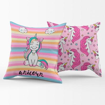 Par De Almofadas Cheias Estampadas Unicórnio Listrado Pink 45cm X 45cm - Enchimento Refil Em Silicone