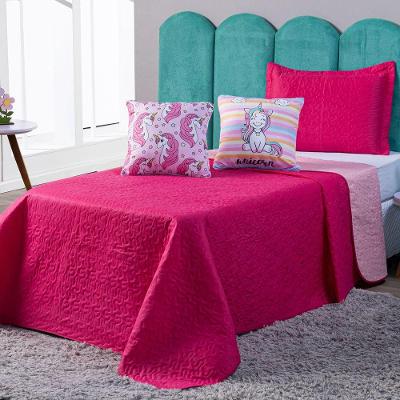 Kit Cobre Leito Colcha Casal Padrão Unicórnio Listrado Pink/rosa Dupla Face Com Almofadas Estampadas 05 Peças