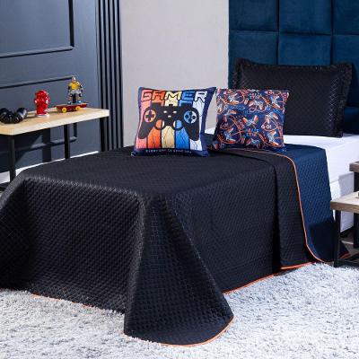 Kit Cobre Leito Colcha Solteiro Gamer Day Preto/azul Marinho Dupla Face Com Almofadas Estampadas 04 Peças