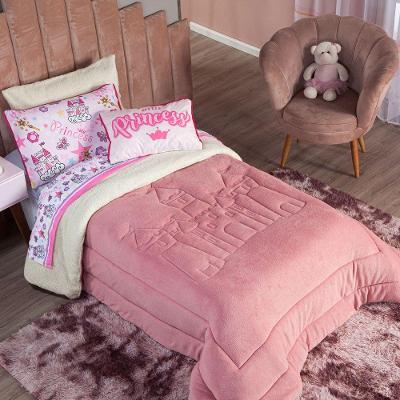 Kit Coberdrom Cobertor Queen Princesa Rosê Dupla Face Com Almofada Estampada 04 Peças - Tecido Em Mantinha E Sherpa