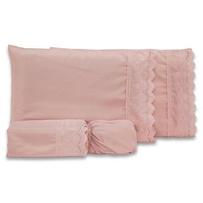 Jogo De Cama Lençol King Sublime Bordado Inglês Percal 300 Fios Com Fronhas 04 Peças - Toque Acetinado Cor Rosê
