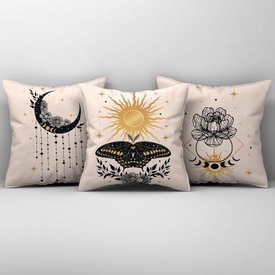 Kit Trio Capas De Almofadas Estampadas Fases Da Lua Em Veludo Suede 45cm X 45cm - Decoração Luxo Para Sala Cor Bege