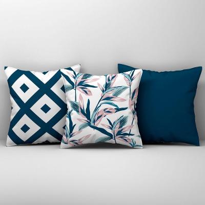 Kit Trio Capas De Almofadas Estampadas Em Veludo Suede 45cm X 45cm - Decoração Luxo Para Sala Cor Azul