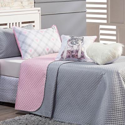 Kit Cobre Leito Colcha Solteiro Influencer Cinza/rosa Dupla Face Com Almofadas 05 Peças