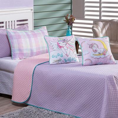 Kit Cobre Leito Colcha Solteiro Vibes Unicórnio Lilás/rosa Dupla Face Com Almofadas Estampadas 05 Peças