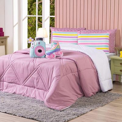 Kit Edredom Casal Padrão Menina Teen Rosa Com Almofadas Estampadas 07 Peças - Dupla Face Percal 300 Fios Cor Patins