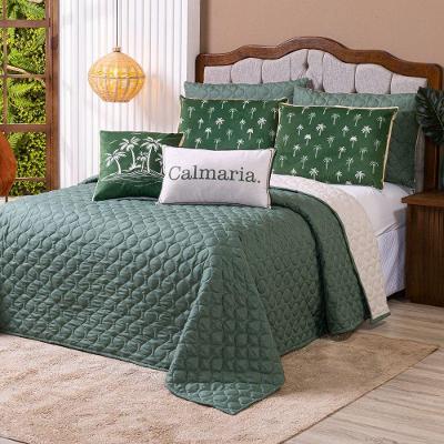 Kit Cobre Leito Colcha King Verano Com Almofadas Estampadas 07 Peças - Dupla Face Percal 300 Fios Matelado Cor Coqueiro