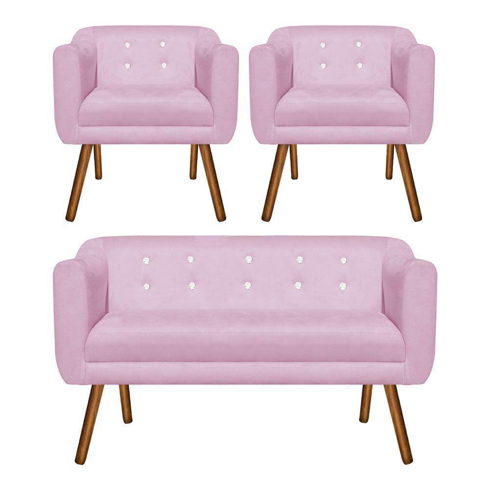 Kit 01 Namoradeira e 02 Poltronas Julia Rosa Com Strass - 1