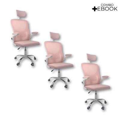 Kit 3 Cadeiras De Escritório  Com Apoio-Rosa E-Branco