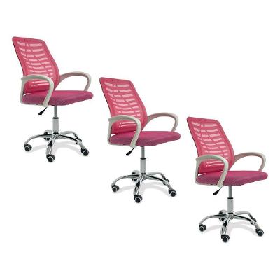 Kit 3 Cadeiras De Escritorio Esteirinha Mesh Ergonomica - Rosa