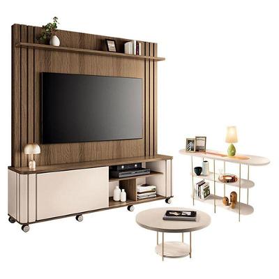 Estante Home Theater Trinus Castanho Off White Com Mesa De Centro Sky E Aparador Infinity Off White - Hb Móveis