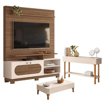 Estante Home Theater Axis Castanho Off White Com Mesa De Centro Liz E Aparador Fiero Off White - Hb Móveis