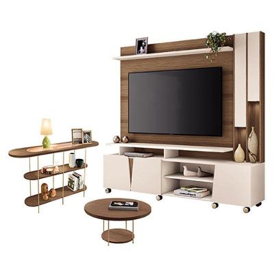Estante Home Theater Virtus Castanho Off White Com Mesa De Centro Sky E Aparador Infinity Castanho - Hb Móveis