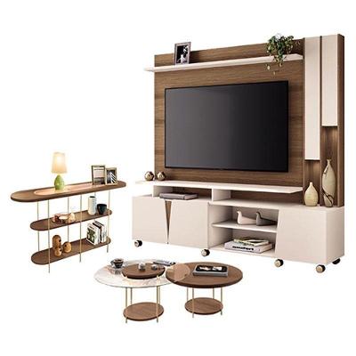Estante Home Theater Virtus Castanho Off White Com Kit De Mesa De Centro Sky E Aparador Infinity Castanho - Hb Móveis