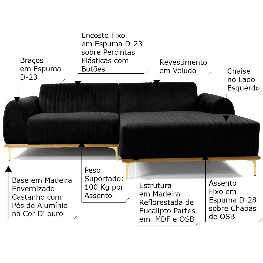 Sofá 3 Lugares com Chaise Base de Madeira Euro 230 Cm Preto - 3