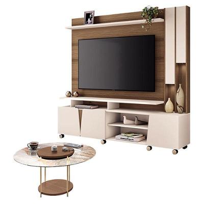 Estante Home Theater Virtus Castanho Off White Com Mesa De Centro Sky Com Tampo De Vidro Castanho - Hb Móveis