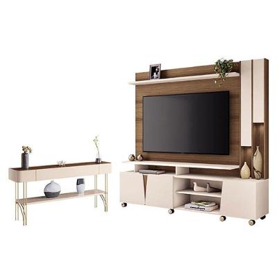 Estante Home Theater Virtus Castanho Off White Com Aparador Vivant Off White Castanho - Hb Móveis