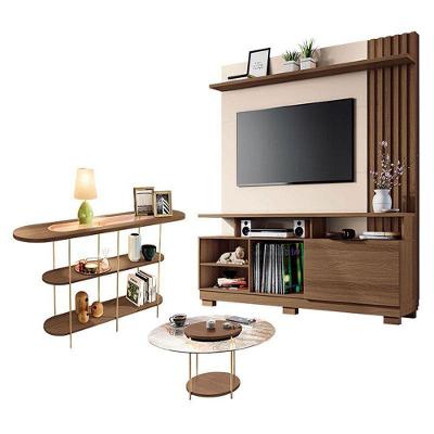 Estante Home Theater Artheo Com Mesa De Centro Sky Com Tampo De Vidro E Aparador Infinity Castanho Off White - Hb Móveis