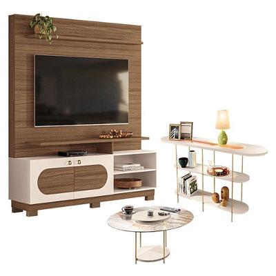 Estante Home Theater Axis Com Mesa De Centro Sky Com Tampo De Vidro E Aparador Infinity Castanho Off White - Hb Móveis