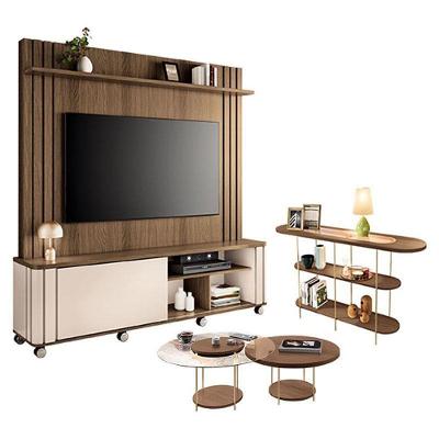 Estante Home Theater Trinus Castanho Off White Com Kit Mesa De Centro Sky E Aparador Infinity Castanho - Hb Móveis
