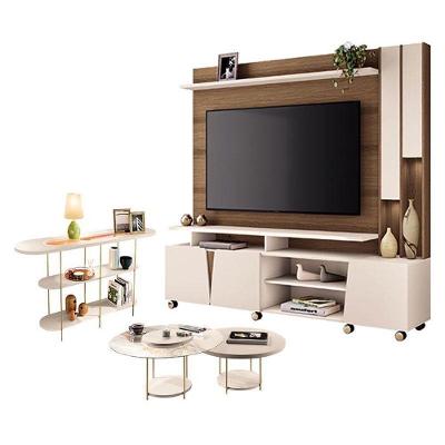 Estante Home Theater Virtus Castanho Off White Com Kit De Mesa De Centro Sky E Aparador Infinity Off White - Hb Móveis