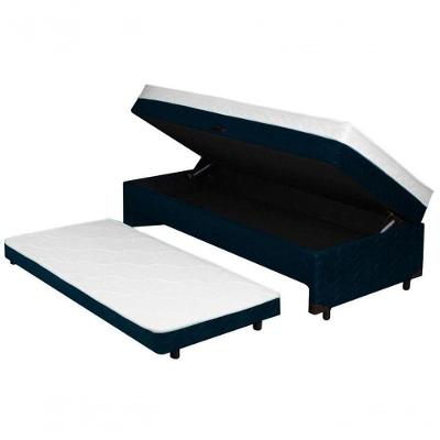 Bicama com Baú Solteiro Bibox com Espuma 5CM e Cama Auxiliar Madeira Azul para Organização